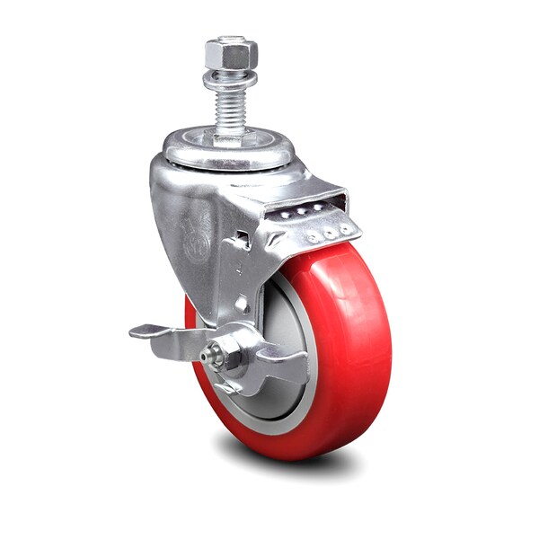 Service Caster 4 Inch Red Polyurethane Wheel Swivel 1/2 Inch Threaded Stem Caster with Brake SCC-TS20S414-PPUB-RED-TLB-121315 - main